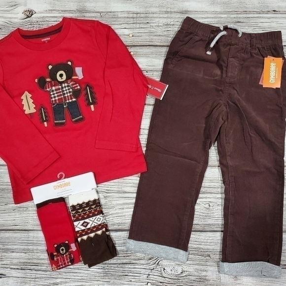Christmas Holiday Outfit Reindeer Bear Tops Corduroy Pants Socks NWT - Picture 6 of 8